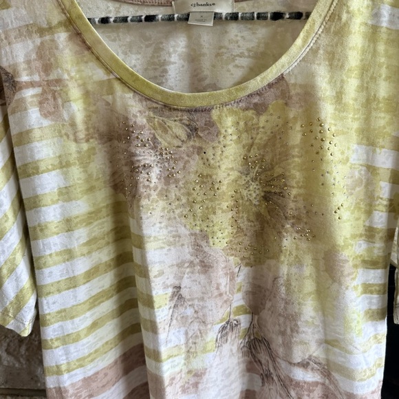 CJ Banks Short Sleeve Stripe Floral Top Size X Green Cream - Picture 4 of 8